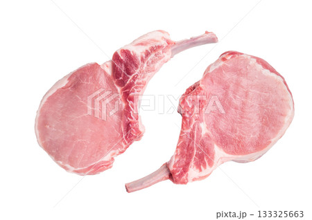 Fresh pork Chop Tomahawk steak, showcasing its impressive bone and marbled meat, perfect for grilling or roasting. isolated on white background. top view Fresh pork Chop Tomahawk steak, showcasing its impressive bone and marbled meat, perfect for grilling or roasting. isolated on white background. top view 133325663