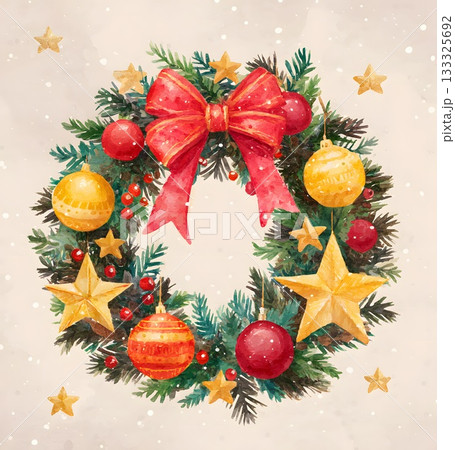 水彩_華やかなクリスマスリースと赤いリボン 水彩_華やかなクリスマスリースと赤いリボン 133325692