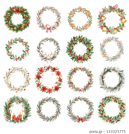 クリスマスリースの水彩イラストセット クリスマスリースの水彩イラストセット 133325775