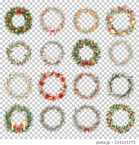 クリスマスリースの水彩イラストセット クリスマスリースの水彩イラストセット 133325775