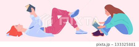 Cartoon Color Characters People Readers with Books in Different Positions Set Concept Flat Design Style. Vector illustration 133325881