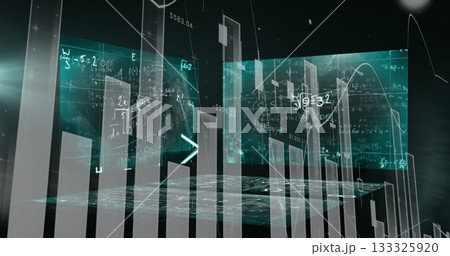 Floating holographic bar chart showing translucent bars in digital space, with equations 133325920