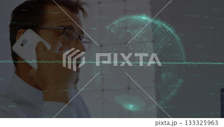 Holding smartphone man in shirt talking in office, teal globe waveform overlay, copy space Holding smartphone man in shirt talking in office, teal globe waveform overlay, copy space 133325963