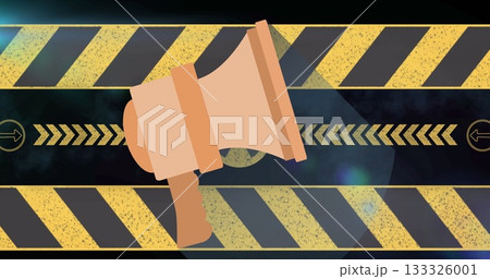 Showcasing large beige megaphone in digital design, with yellow black hazard stripes and chevrons 133326001