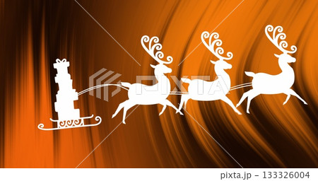 Featuring white silhouette reindeer pulling sleigh loaded with gift boxes in orange gradient scene 133326004