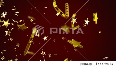 Floating 3D golden stars and candy-cane striped tubes drifting against burgundy gradient backdrop 133326013