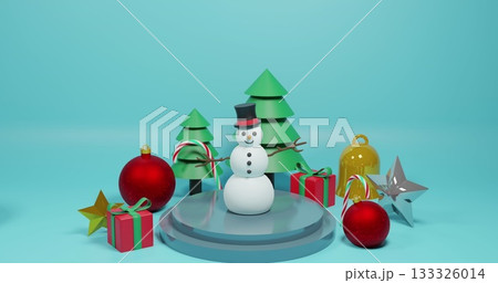 Showing three-tiered snowman wearing top-hat scarf on pedestal, with green trees gifts ornaments 133326014