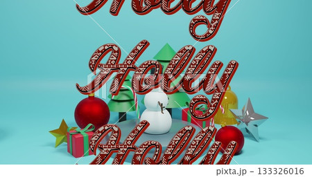 Displaying 3D Holly Jolly text on teal studio surface, with trees, snowman, gifts and ornaments Displaying 3D Holly Jolly text on teal studio surface, with trees, snowman, gifts and ornaments 133326016