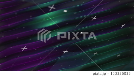 Showing neon green purple waves flowing across digital grid, with floating white geometric shapes Showing neon green purple waves flowing across digital grid, with floating white geometric shapes 133326033