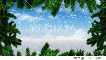 Drifting snowflakes creating tranquil scene at lake, with evergreen pine branches and calm water Drifting snowflakes creating tranquil scene at lake, with evergreen pine branches and calm water 133326043