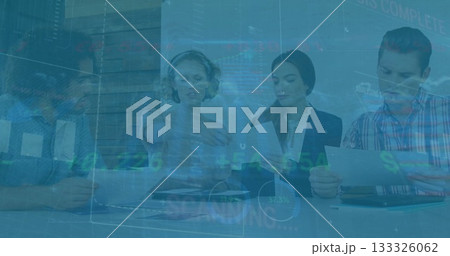 Four colleagues in business attire analyzing reports and tablet in meeting room, with stock tickers Four colleagues in business attire analyzing reports and tablet in meeting room, with stock tickers 133326062