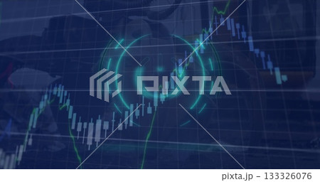 Displaying neon teal targeting HUD graphic over financial chart interface with rifle silhouette 133326076