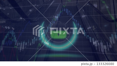 Showing neon ring with green lock icon floating in lobby with candlestick chart, escalator rails 133326080