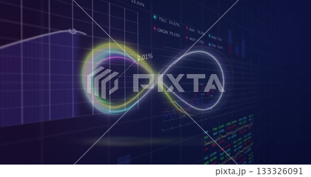 Showing virtual dashboard featuring glowing infinity loop on grid, with tickers and 2 133326091