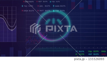Dashboard interface showing glowing cyan circle with smile pattern, magenta blue graphs and tickers Dashboard interface showing glowing cyan circle with smile pattern, magenta blue graphs and tickers 133326093