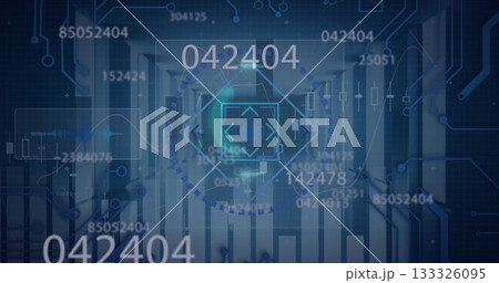 Projecting circular HUD hovering over server corridor, with numeric overlays and crosshair arrows Projecting circular HUD hovering over server corridor, with numeric overlays and crosshair arrows 133326095