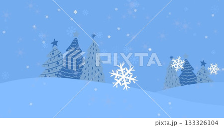 Drifting stylized white snowflake crossing pale winter hills, with triangular trees and snowflakes Drifting stylized white snowflake crossing pale winter hills, with triangular trees and snowflakes 133326104