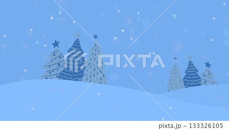Featuring stylized evergreen trees with patterns on snow hills, snowflake icons, copy space Featuring stylized evergreen trees with patterns on snow hills, snowflake icons, copy space 133326105