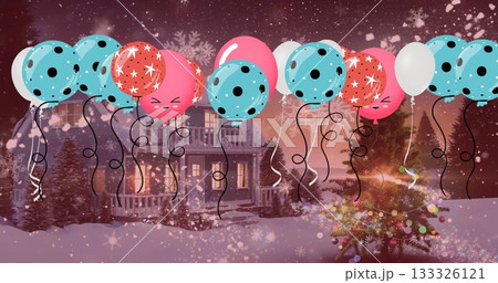 Floating cluster of balloons with curly ribbons swaying at snowy porch, with glowing Christmas tree 133326121