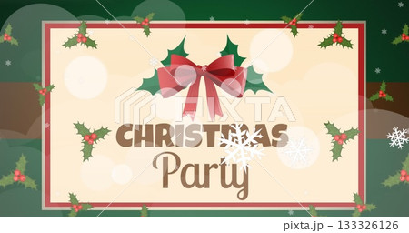 Displaying festive invitation banner on holiday greeting screen, with ribbon bow and holly leaves 133326126