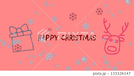 Showing handdrawn HAPPY CHRISTMAS text on coral pink card, with snowflake, gift doodle and reindeer Showing handdrawn HAPPY CHRISTMAS text on coral pink card, with snowflake, gift doodle and reindeer 133326147