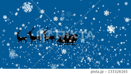 Gliding silhouette Santa Claus riding sleigh across winter sky, with four reindeer and snowflakes Gliding silhouette Santa Claus riding sleigh across winter sky, with four reindeer and snowflakes 133326165