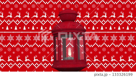 Glowing red metal lantern shining candlelight against festive patterned backdrop, holiday motif Glowing red metal lantern shining candlelight against festive patterned backdrop, holiday motif 133326199