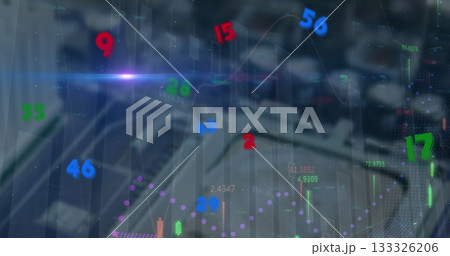 Showing blurred server racks with floating financial charts in data center, with lens flare effect Showing blurred server racks with floating financial charts in data center, with lens flare effect 133326206