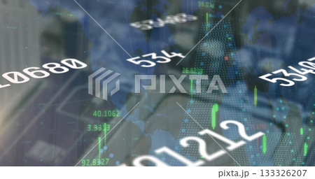Displaying overlays at office desk, with digital numeric tickers, candlestick bars and grid overlay Displaying overlays at office desk, with digital numeric tickers, candlestick bars and grid overlay 133326207