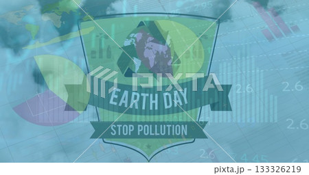 Displaying ribbon-banners shield emblem featuring globe-arrows in graphic with data visualizations Displaying ribbon-banners shield emblem featuring globe-arrows in graphic with data visualizations 133326219