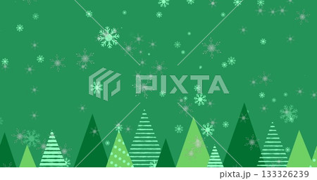 Showing patterned green triangles forming forest on green canvas, with falling snowflakes overhead 133326239