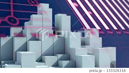 Displaying white 3D cube pyramid rising in digital render with circuit lines, bar chart data 133326316