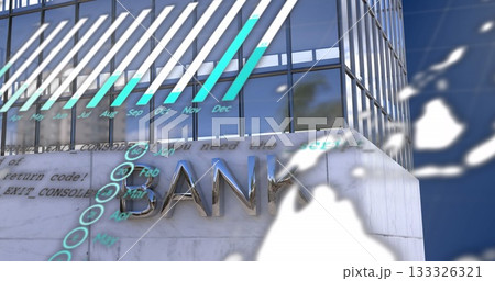 Displaying BANK sign on marble-glass facade, featuring holographic bar chart, data nodes, code Displaying BANK sign on marble-glass facade, featuring holographic bar chart, data nodes, code 133326321