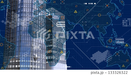 Displaying pair of glass skyscraper towers rising on digital grid world map overlay, copy space Displaying pair of glass skyscraper towers rising on digital grid world map overlay, copy space 133326322
