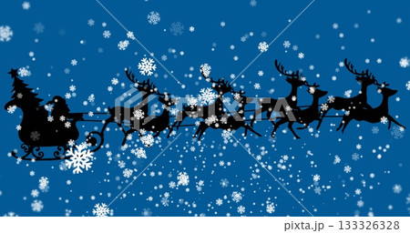Gliding eight reindeer pulling scrollwork sleigh with Christmas tree in night sky, with snowflakes Gliding eight reindeer pulling scrollwork sleigh with Christmas tree in night sky, with snowflakes 133326328