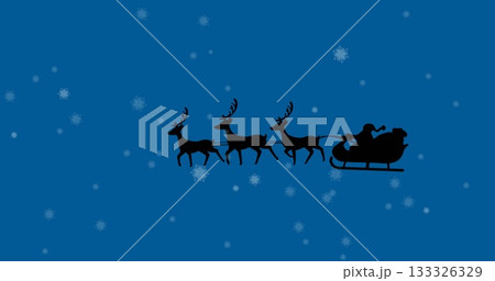 Gliding Santa Claus silhouette steering sleigh through winter night sky, with reindeer and gifts Gliding Santa Claus silhouette steering sleigh through winter night sky, with reindeer and gifts 133326329