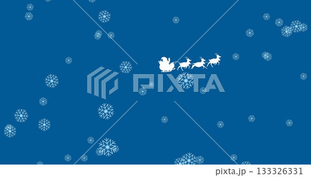 Flying white silhouette of Santa in sleigh across night sky, with three reindeer and snowflakes 133326331