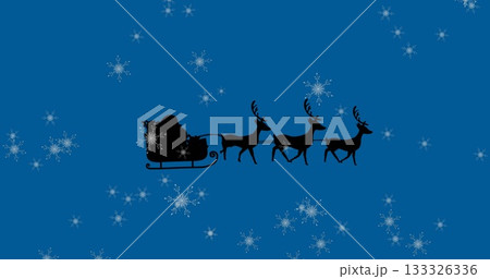 Moving sleigh silhouette with gifts and three reindeer gliding across blue winter sky, snowflakes Moving sleigh silhouette with gifts and three reindeer gliding across blue winter sky, snowflakes 133326336