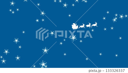 Gliding Santa silhouette wearing red suit across night sky, with sleigh and reindeer, copy space Gliding Santa silhouette wearing red suit across night sky, with sleigh and reindeer, copy space 133326337