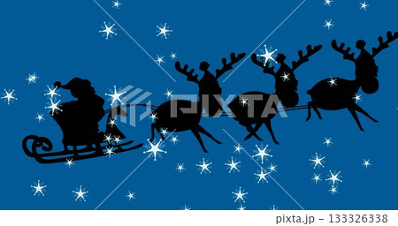 Gliding silhouette Santa Claus riding sleigh across star-studded sky, with three reindeer harnessed 133326338