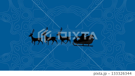 Riding Santa silhouette wearing Santa hat gliding over map backdrop, with sleigh and three reindeer 133326344