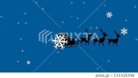 Soaring silhouette of Santa's sleigh and three reindeer across blue sky with white snowflake motifs 133326346