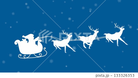 Gliding Santa silhouette delivering gifts against blue snowy sky, with sleigh and three reindeer 133326353