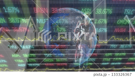 Climbing Black man carrying bicycle, messenger bag on concrete steps with metal rails, trading data Climbing Black man carrying bicycle, messenger bag on concrete steps with metal rails, trading data 133326367