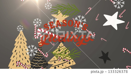 Showing red Seasons greetings text in holiday background with three Christmas trees, pine branches 133326378