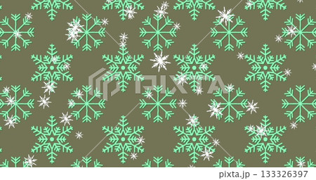 Displaying repeating mint green snowflake motifs and smaller white snowflakes on olive green fabric Displaying repeating mint green snowflake motifs and smaller white snowflakes on olive green fabric 133326397