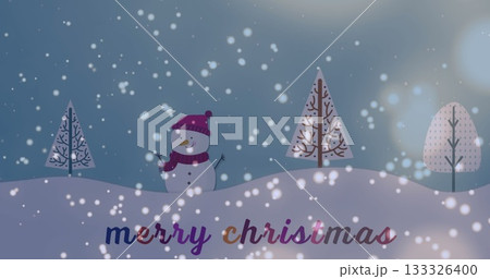 Posing snowman wearing knit hat scarf on hill with trees, snowflakes, merry christmas, copy space 133326400