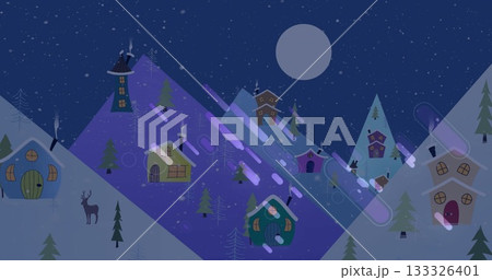 Glowing smoking cottages on alpine slopes under full moon, pines, deer silhouette, falling snow 133326401