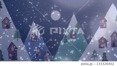 Drifting snowflakes veiling snowy peaks at night, with wooden houses, evergreen trees, full moon 133326402