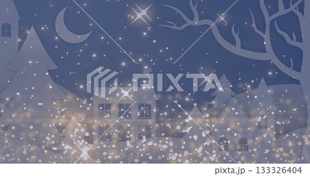 Showing paper cut-out snowy village sparkling among pine trees at night, with glowing windows 133326404